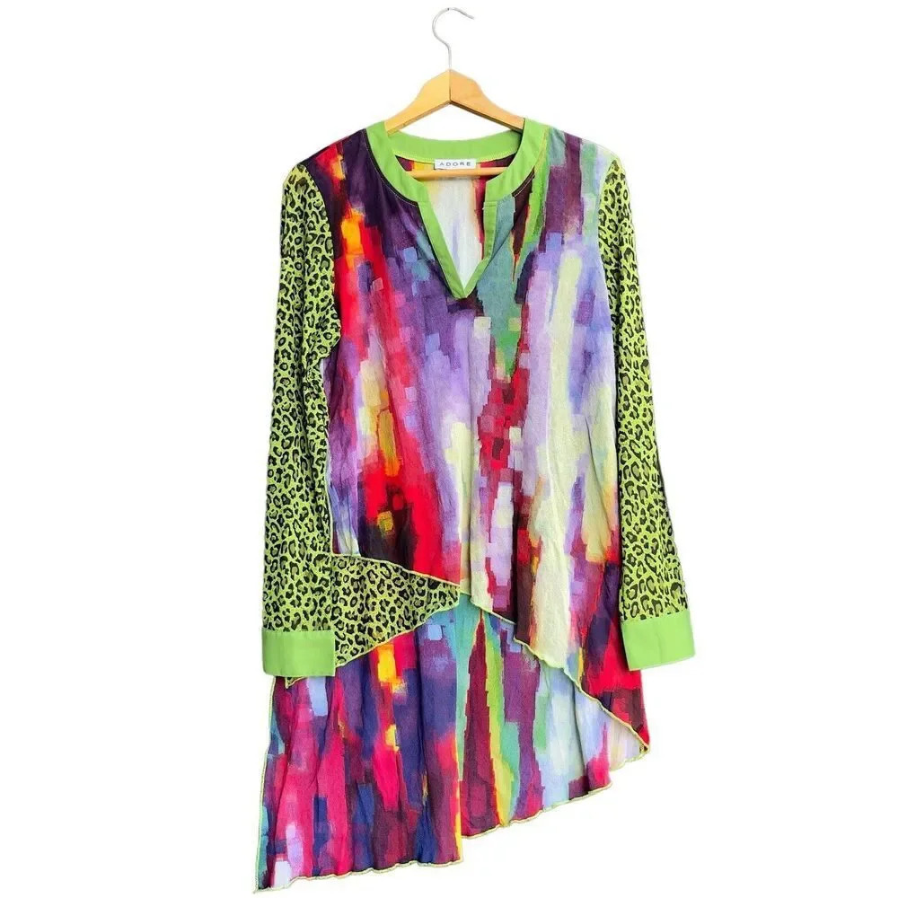 ADORE Tunic Tops Women’s Multicolor Leopard Sleeves Asymmetrical Size Small
